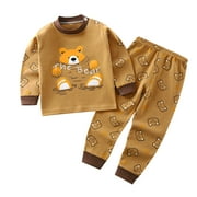 Zwiiyzr 2025 3M-5Y Toddler Baby Kids Winter Fall Pajama Set Boys Girls Solid Color Bear Print Long Sleeve 2 Piece Outfits Sleepwear Baby Clothes Suit Coffee